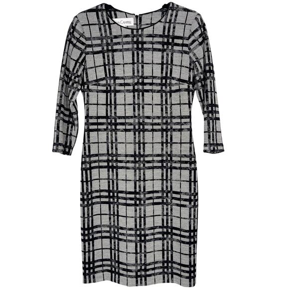 Sara Campbell XSmall XS Black Gray Plaid Sheath Dress Wool 3/4 Sleeves Crew Neck - Picture 1 of 10
